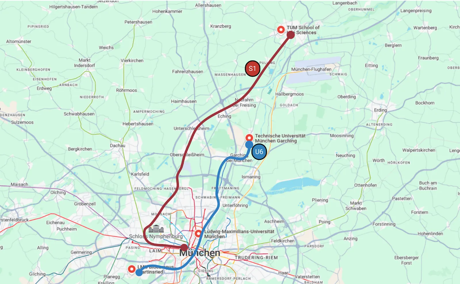Map of public transport options directly connected to the main locations
