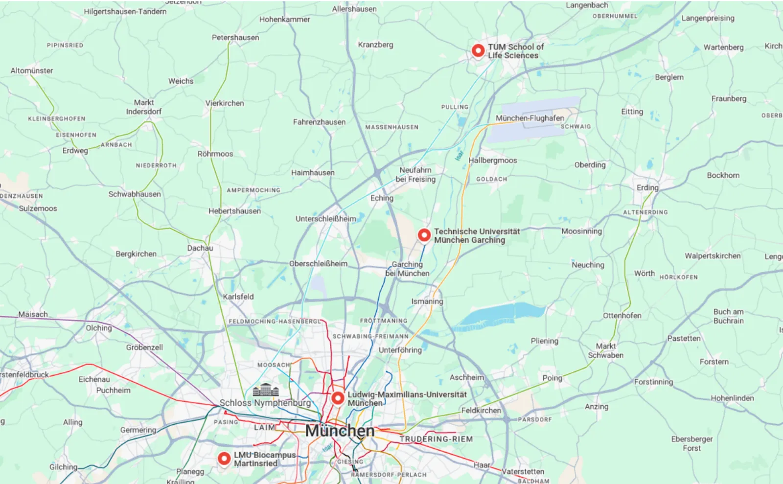 Map of the main locations for bioinformatics in Munich